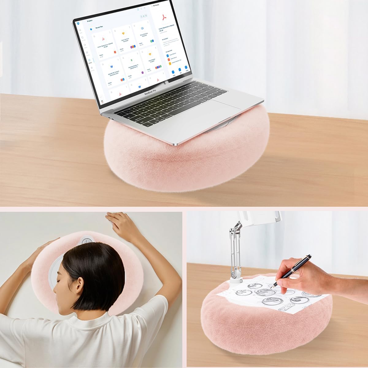 Pillow Stand Holder for Kindle Tablet iPad,Plush Mobile Phone Stand with a Snack Bowl with lid,Compatible with 4.7"-13" Phone, Tablet, iPad, iPhone, Google, Kindle, Samsung (Pink)