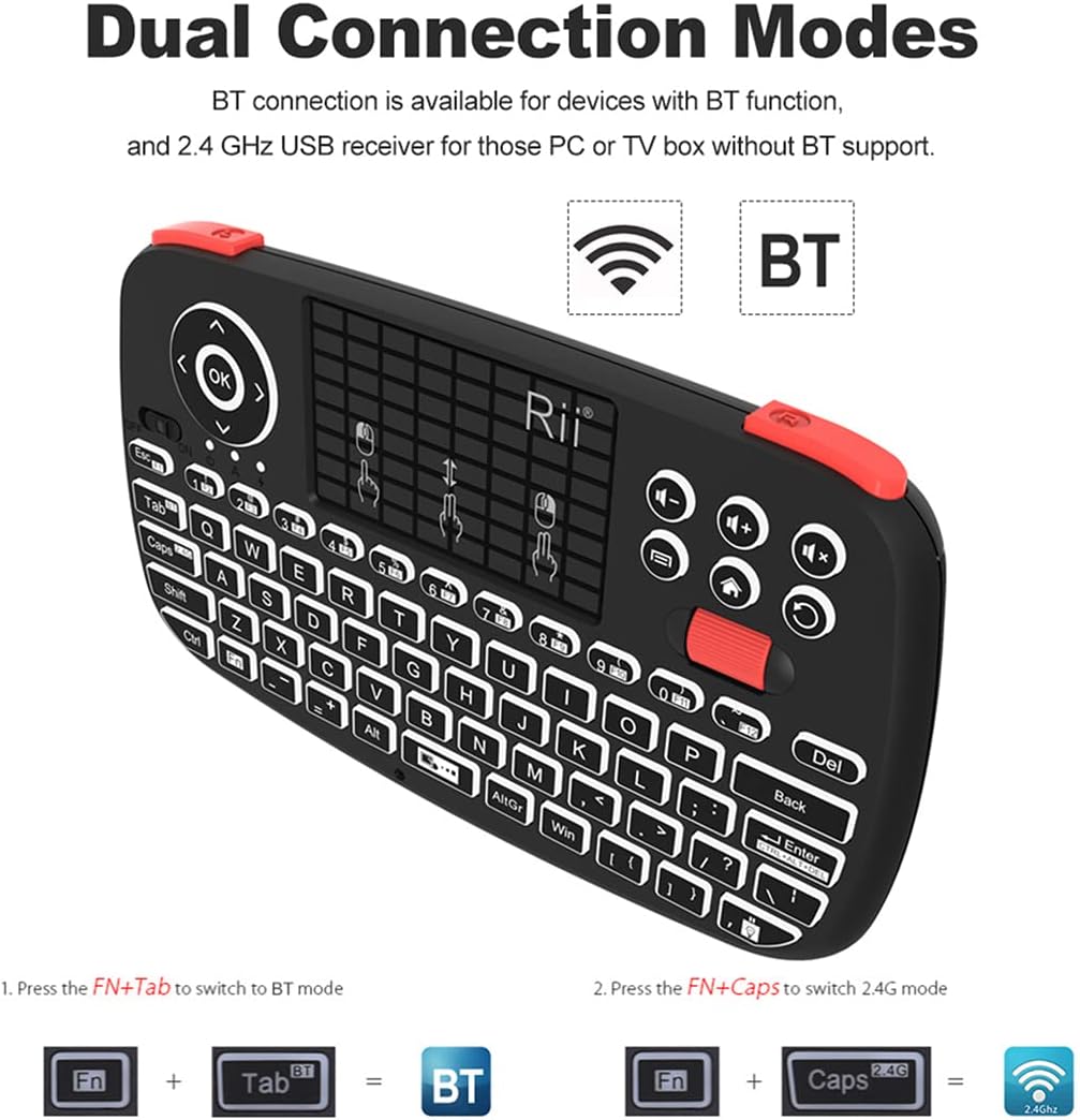 Rii (Upgrade) i4 Mini Bluetooth Keyboard with Touchpad, Blacklit Portable Wireless Keyboard with 2.4G USB Dongle for Smartphones, PC, Tablet, Laptop TV Box iOS Android Windows Mac.Black