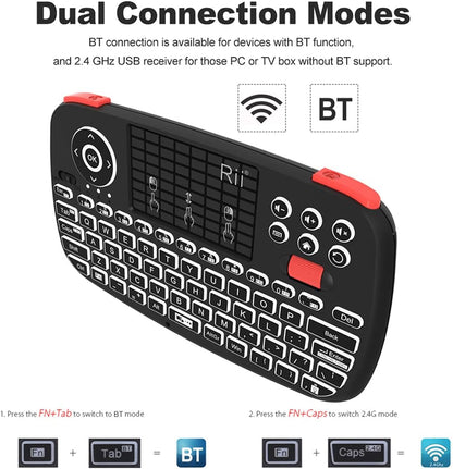 Rii (Upgrade) i4 Mini Bluetooth Keyboard with Touchpad, Blacklit Portable Wireless Keyboard with 2.4G USB Dongle for Smartphones, PC, Tablet, Laptop TV Box iOS Android Windows Mac.Black