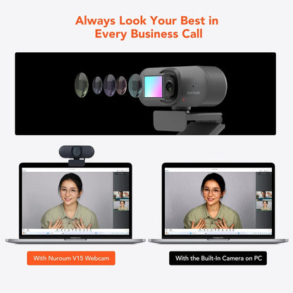 NUROUM V15AF 2K Webcam for PC, 1080P 60fps Autofocus HD Webcam with Dual Noise Cancelling Microphone, 75° FOV&Light Correction, USB Web Camera Plug&Play for Zoom/Teams,Grey