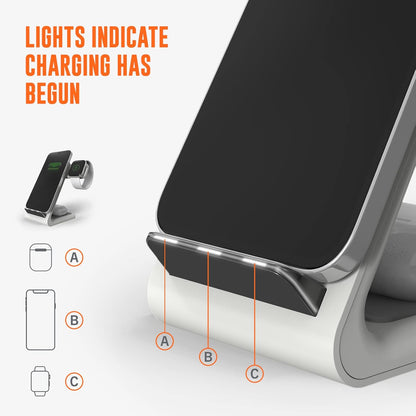 STM ChargeTree Swing 3-in-1 Wireless Charging Station for iPhone/Samsung/Android (15W/7.5W), AirPods (5W), Apple Watch (3W). Qi-Certified Stand, White