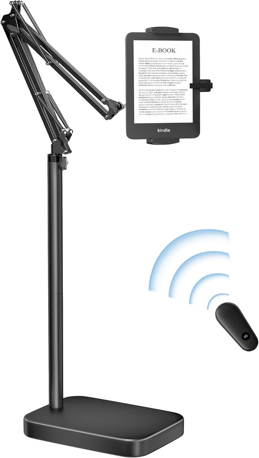Kindle Floor Stand with Remote Page Turner, Tablet Stand with 11lb Stable Base, Adjustable Height Tablet Holder Mount, Compatible Kindles Tablets iPhones 4.7-12.9 inch