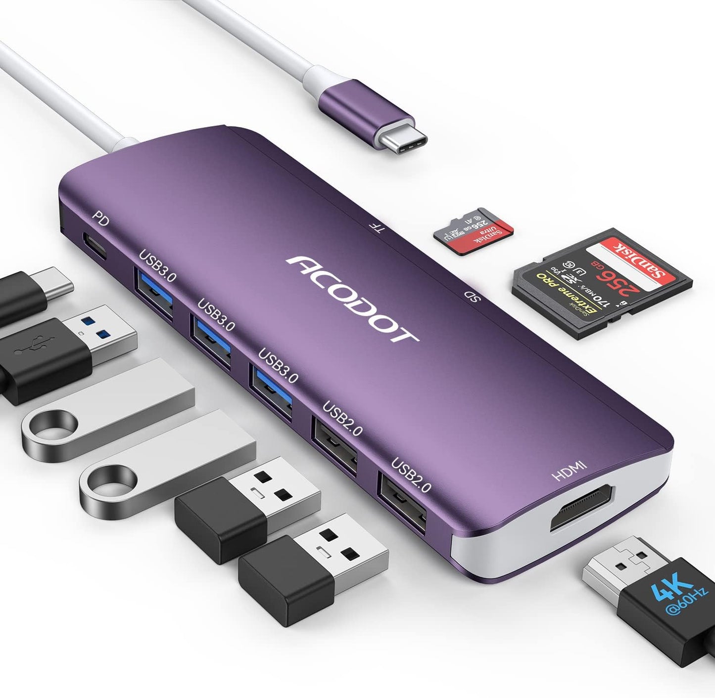 Acodot 9 in 1 USB C Hub - 4K@60Hz HDMI Adapter, 3 USB 3.0 Ports, SD/TF Card Reader, 100W PD, Multiport Adapter for MacBook Pro, Air, HP, XPS, Purple