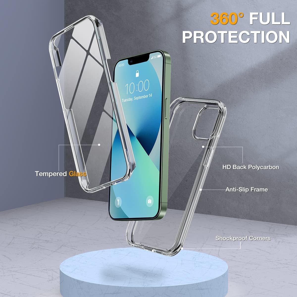 Miracase Compatible with iPhone 13 case 6.1 inch, 2023 Upgrade Full-Body Glass Clear Case Bumper Case with Built-in 9H Tempered Glass Screen Protector for iPhone 13,Clear