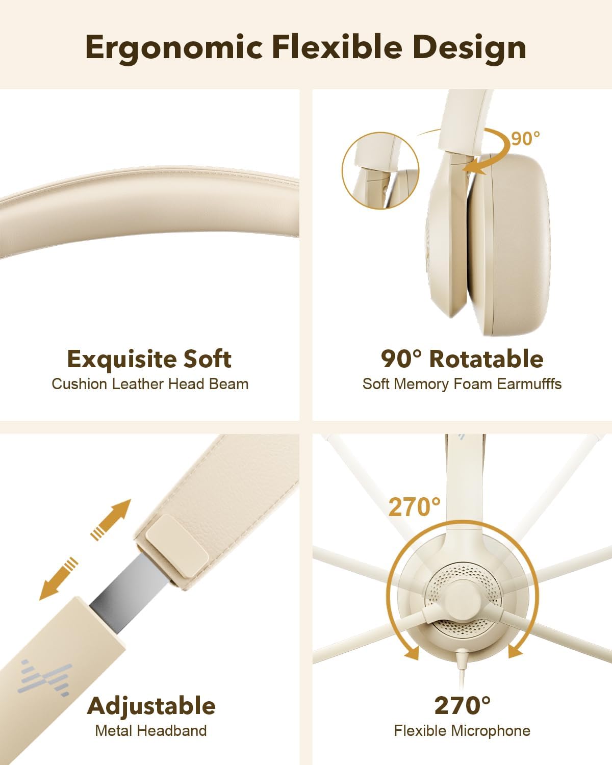 USB Headset with Microphone for PC, On-Ear Computer Laptop Headphones with Noise Cancelling Mic in-line Control for Home Office Online Class Zoom (USB+3.5mm, Apricot)