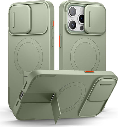 SURITCH for iPhone 15 Pro Max Case with Magnetic Camera Slide Cover and Adjustable Kickstand, Compatible with MagSafe, Shockproof Bumper Case Slim Protective Cover 6.7 Inch, Green