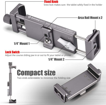 Full Metal Tablet Tripod Holder – Compatible with iPad mini, Air, Pro | 1/4" Screw & ARCA Dovetail Mounts | Universal Tablet Clamp Adapter
