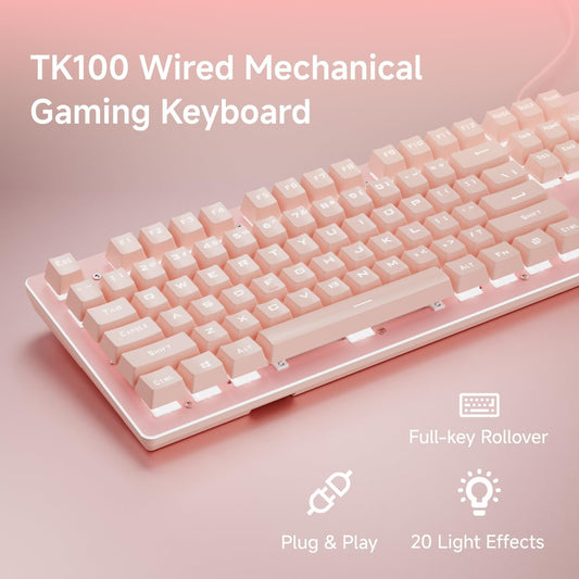 EWEADN TK100 Typewriter Keyboard Wired Mechanical Keyboard, 104 Keys Aesthetic Typewriter Keyboards with White Backlit, Anti-Ghosting, Blue Switch Wired Cute Keyboards-Pink