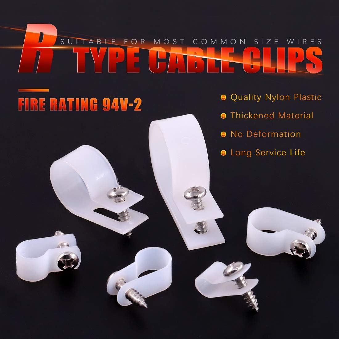 Hilitchi 135 Pcs 6 Sizes White Plastic Cable Clamp R Type Screw Mounting Cord Fastener Cable Clips Assortment Kit with Screws for Wire Management Cable Conduit (Clips from 6mm to 23mm)