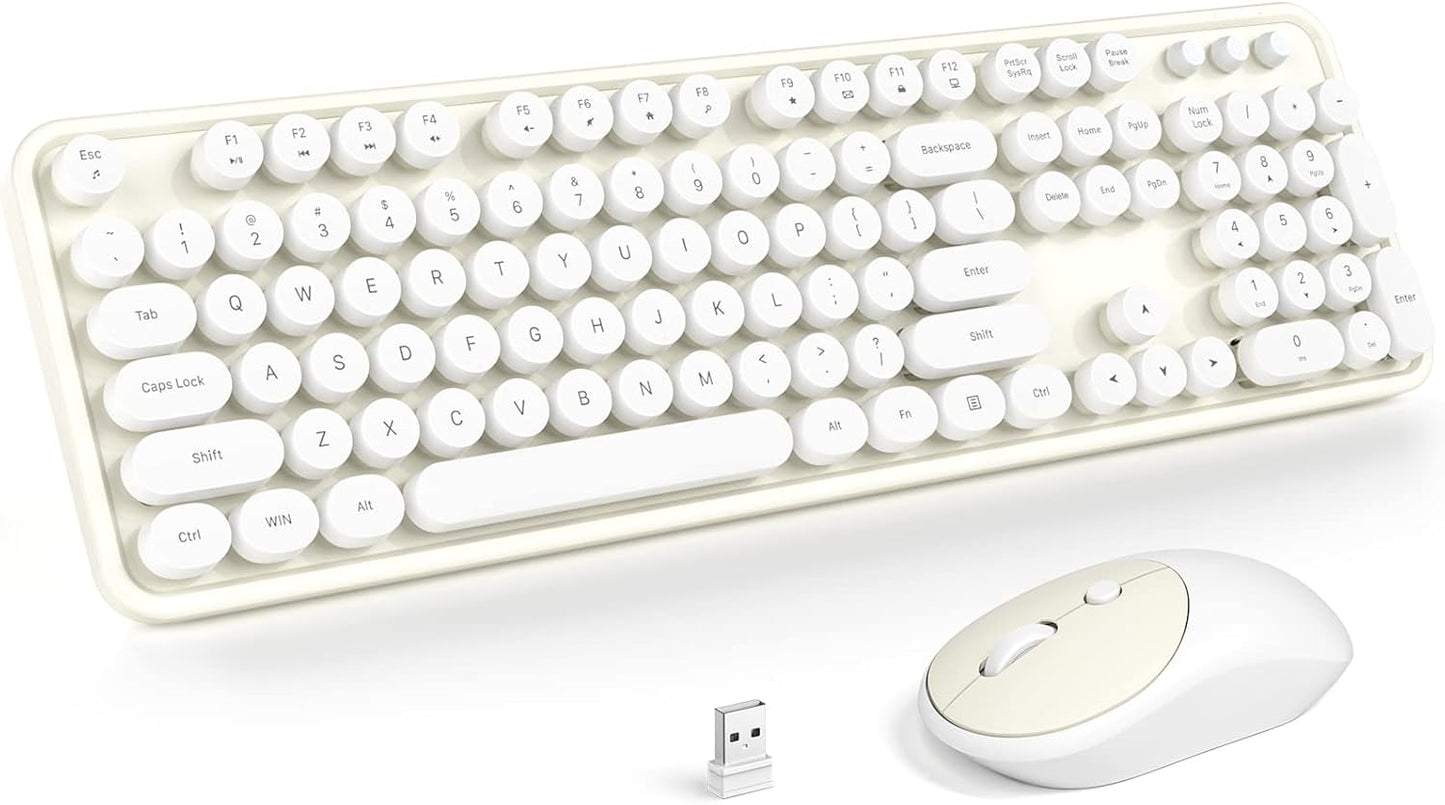 KNOWSQT Wireless Keyboard and Mouse Combo - White-Milky Full-Sized 2.4 GHz 104 Keys Typewriter Cute Keyboard, Round Keycap and Optical Mouse for Windows, Computer, PC, Laptop, Desktop