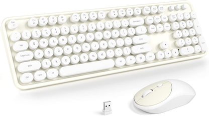 KNOWSQT Wireless Keyboard and Mouse Combo - White-Milky Full-Sized 2.4 GHz 104 Keys Typewriter Cute Keyboard, Round Keycap and Optical Mouse for Windows, Computer, PC, Laptop, Desktop
