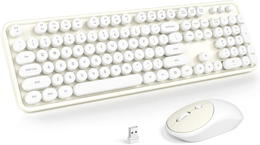 KNOWSQT Wireless Keyboard and Mouse Combo - White-Milky Full-Sized 2.4 GHz 104 Keys Typewriter Cute Keyboard, Round Keycap and Optical Mouse for Windows, Computer, PC, Laptop, Desktop