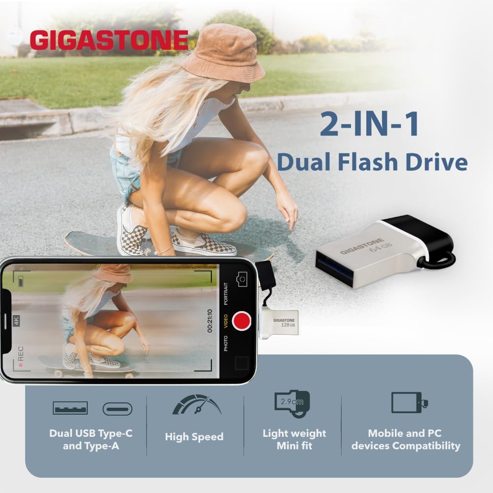 GIGASTONE 32GB Nano Luxus Dual Drive (5 Pack) Z50 USB 3.2 Gen 1, 2-in-1 USB-A & Type-C, 100MB/s Ultra Fast, Cap Design, Metal, Plug & Play for Smartphone/PC/Mac/TV/Car, 2.0/3.0/3.1 Compatible