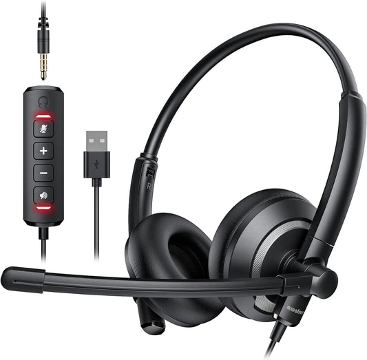 Computer USB Headset with Microphone for PC - Headphones with Noise Cancelling Microphone On Ear Wired Headset Mic Mute for WFH Call Center Office Online Class Skype Zoom