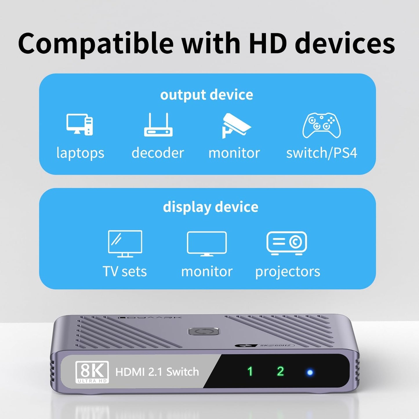 Video Selector Boxes， 8K@60Hz Splitter, bi-Directional 8K HD switcher 2 in 1 Out, Support 3D, HDR, Compatible with laptops, PC, Xbox Series, projectors, TV Monitors DSLR Cameras,