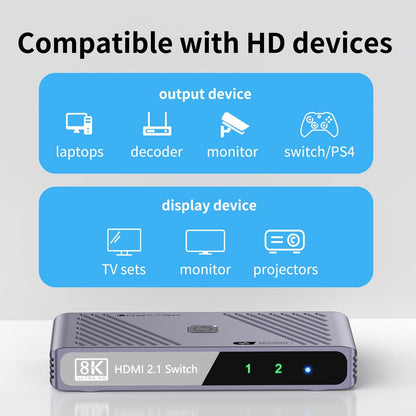 Video Selector Boxes， 8K@60Hz Splitter, bi-Directional 8K HD switcher 2 in 1 Out, Support 3D, HDR, Compatible with laptops, PC, Xbox Series, projectors, TV Monitors DSLR Cameras,