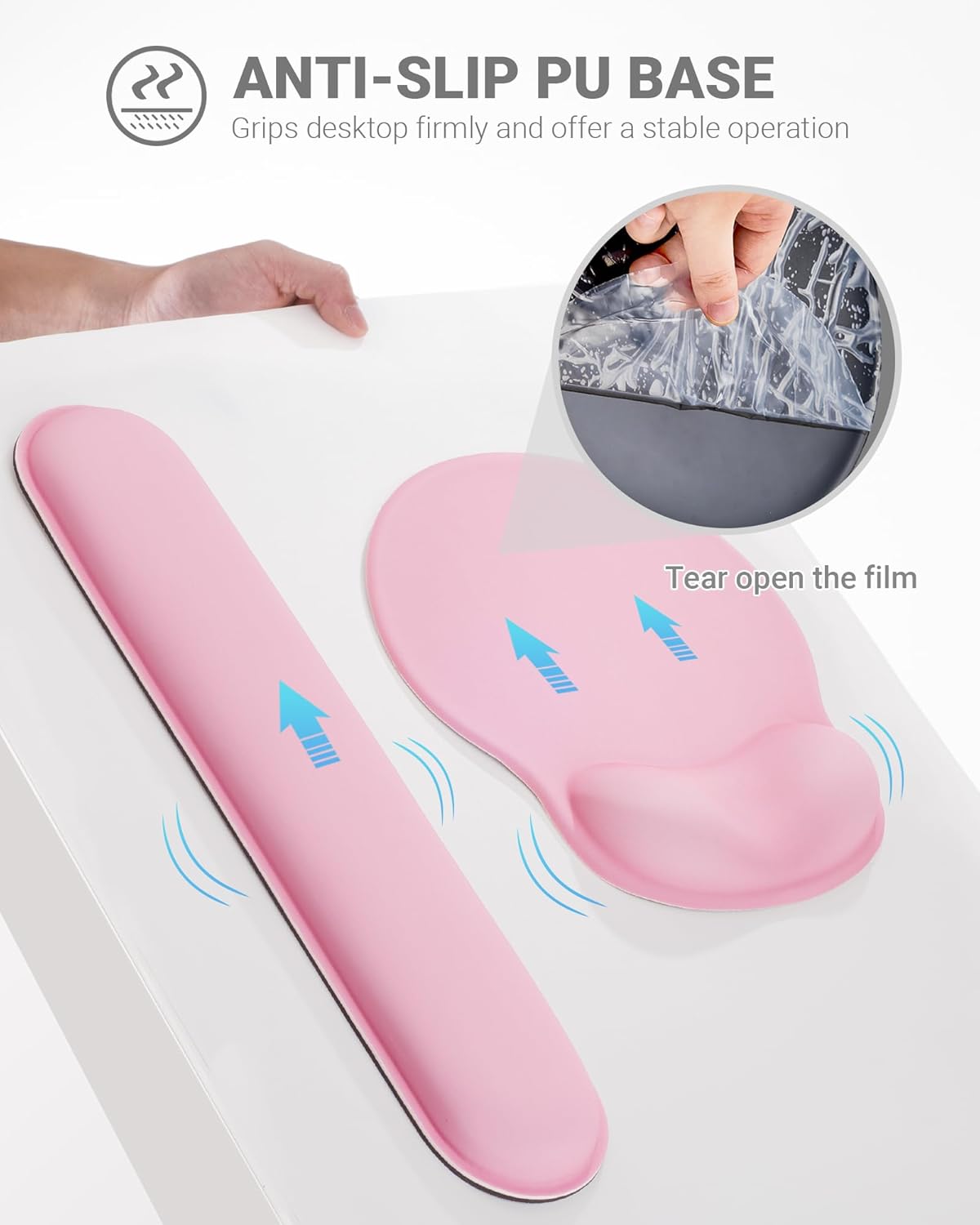 Ergonomic Mouse Pad Wrist Support Set, Memory Foam Keyboard Wrist Rest Set, Relieve Wrist Pain Keyboard Pad, Non-Slip Base Mousepad(Pink Set)