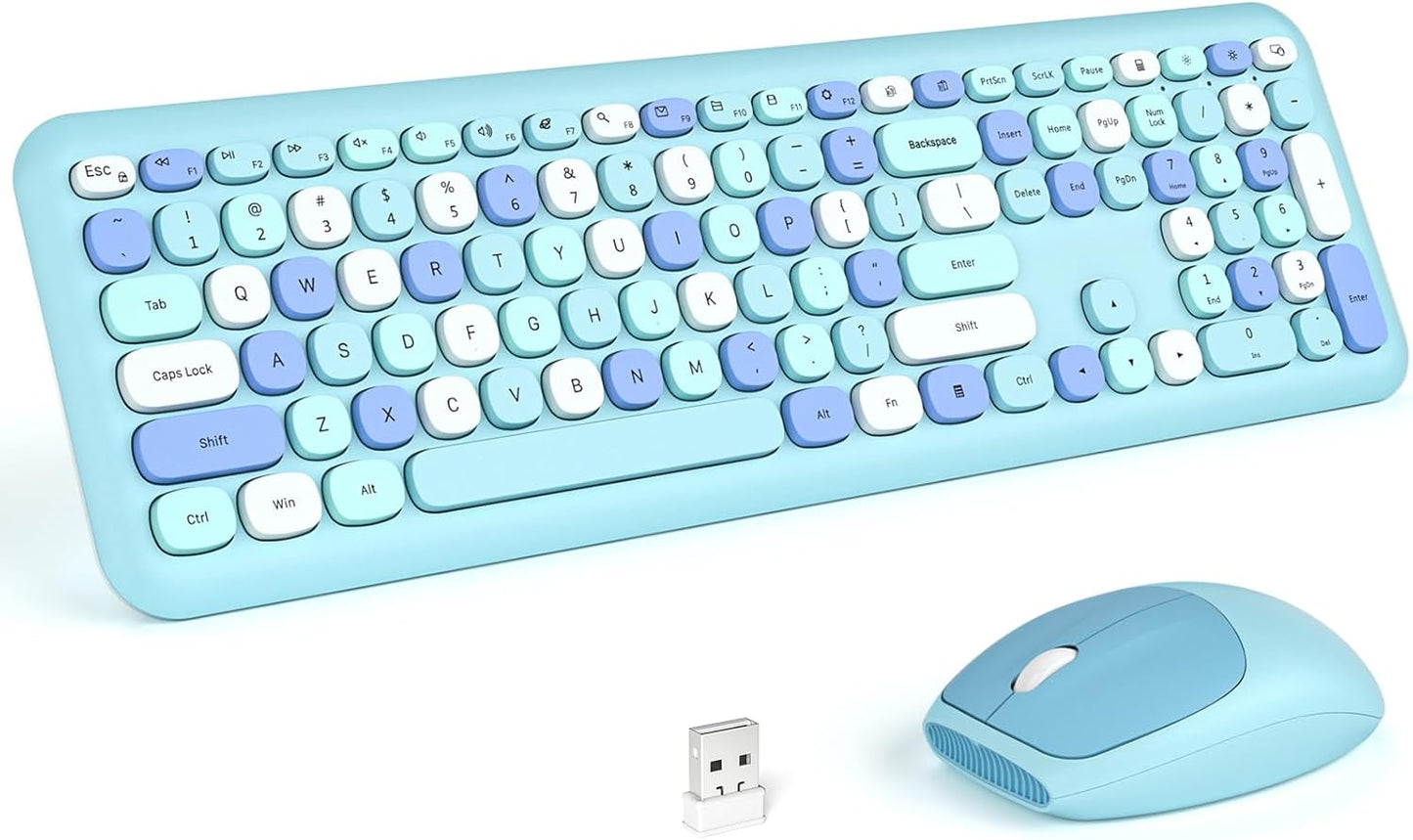 KNOWSQT Wireless Keyboard and Mouse Combo, Pale Blue Full-Sized 2.4G Silent Keycap Colorful Keyboards, USB Dongle Plug Play, for Laptop, Windows, PC, Computer, Desktop