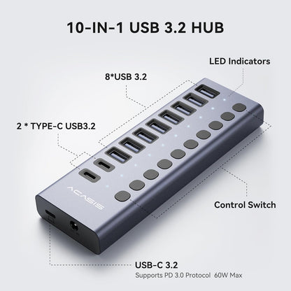 ACASIS 10 Ports 60W USB C 3.2 Hub, 10Gpbs Data Transfer, 20V/3A Power Adapter, Individual On/Off Switches, Aluminum Housing, USB Splitter for PC, Computer, Laptop, Mobile HDD, Flash Drive