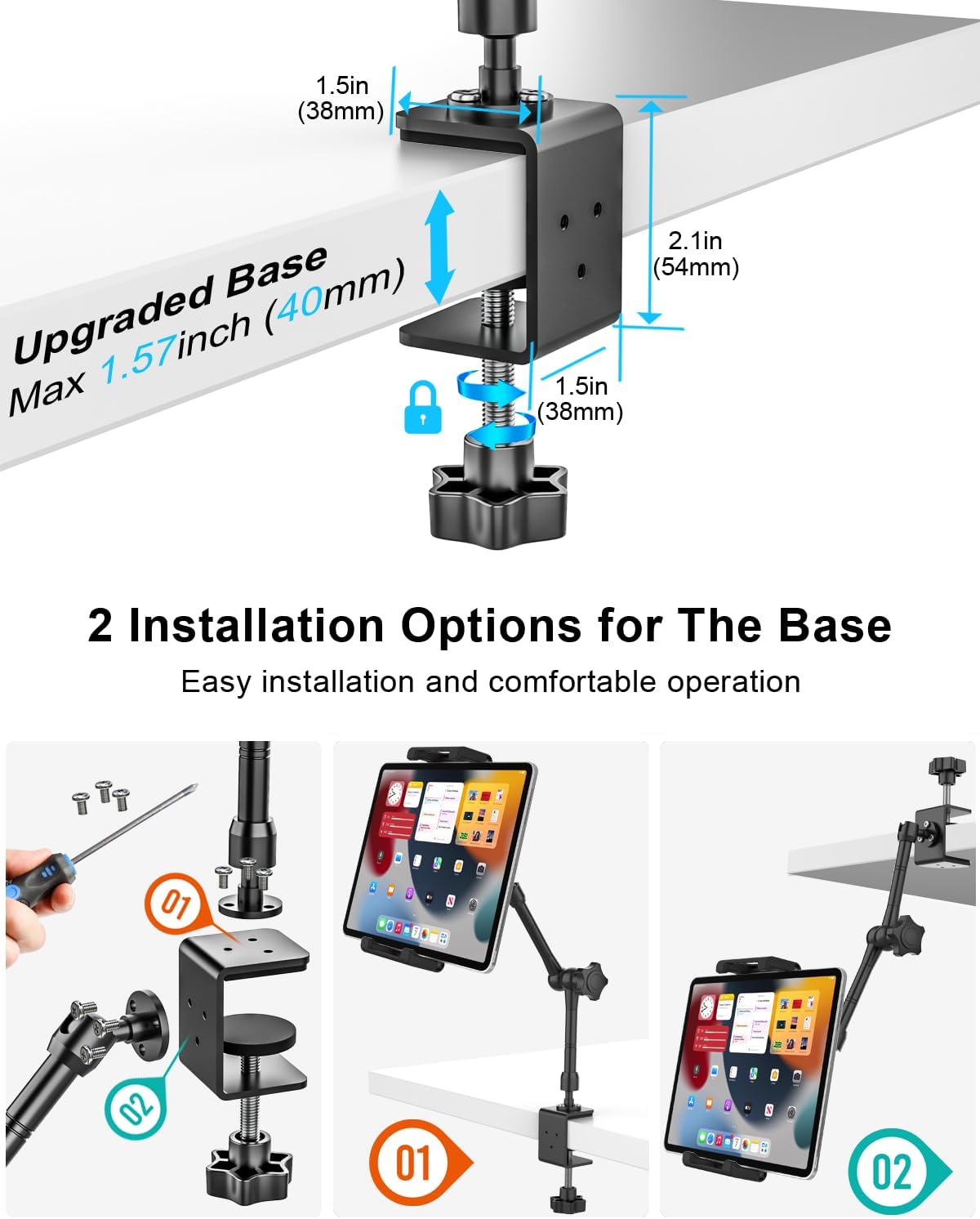 Aluminum Tablet Stand Holder for Desk Mount - [Small Portable] Tablet Holder for Kitchen, Bed Clip with 1.26" Depth Large Clamp for iPad Pro 13 Air Mini, Galaxy, Fire, Switch, iPhone, 6-15.6" Devices