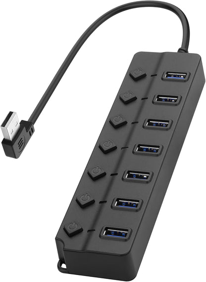 90 Degree USB Hub Splitter YACSEJAO USB 2.0 Data Hub with Individual LED Button On/Off Switch DC5.5 * 2.1 Power Port for Laptop,PC Computer (7 Ports, 0.3M)