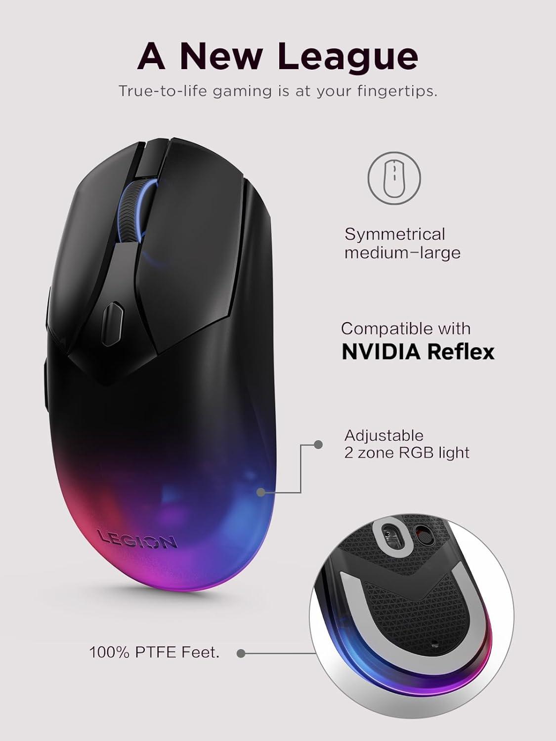 Lenovo Legion M410 Wireless RGB Gaming Mouse – 6 Button Palm Grip Mouse with 16,000 DPI, 53 Hour Rechargeable Battery, 2-Zone RGB Lighting, NVIDIA Reflex Compatible