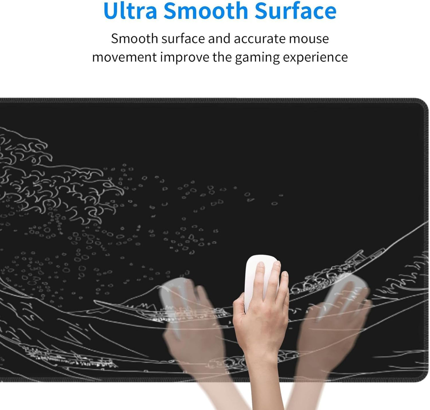 Japanese Sea Wave Large Mouse Pad, Anime Black Gaming, Extended Kanagawa Mat Desk Pad, 3mm Thick Long Non-Slip Rubber Base Mice Pad, 31.5 X 11.8 Inch