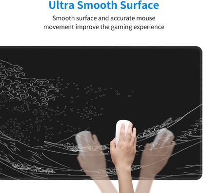 Japanese Sea Wave Large Mouse Pad, Anime Black Gaming, Extended Kanagawa Mat Desk Pad, 3mm Thick Long Non-Slip Rubber Base Mice Pad, 31.5 X 11.8 Inch
