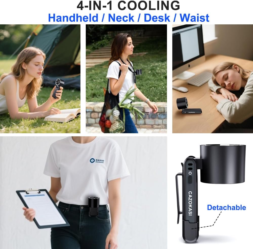 CAZOKASI Rechargeable Strong Wind Handheld Fan With Ambient Lighting 4 IN1 5000mAh Upto 22H For Desktop Waist Clip Neck (StrongWind/Black)