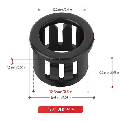 200PCS 1/2" Black Cable Snap Bushing Grommet, Snap in Cord Bushing Protect Cables