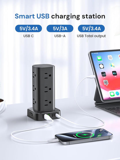 Tower Power Strip with Surge Protector - 12 AC Outlets & 4 USB Ports (2 USB-C), 6FT Extension Cord, Charging Station Tower for Home Office Dorm Travel (Black)