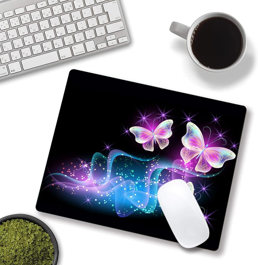 IMAYONDIA Glowing Night Pink Butterflies Mouse Mat - Square Waterproof Non-Slip Rubber Base Mouse Pad for Computer Laptop