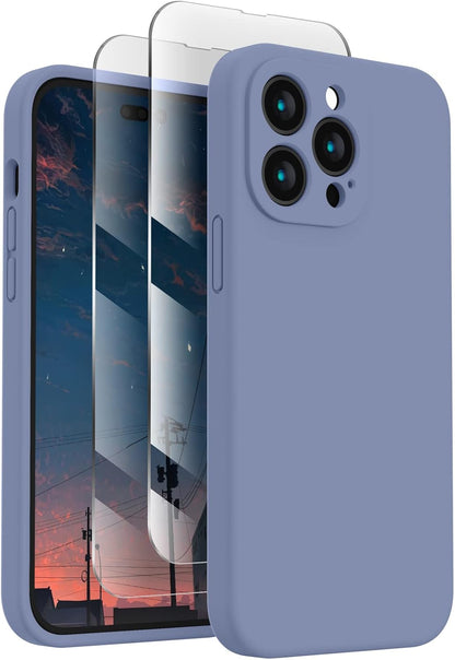 FireNova for iPhone 14 Pro Case, Silicone Upgraded [Camera Protection] Phone Case with [2 Screen Protectors], Soft Anti-Scratch Microfiber Lining Inside, 6.1 inch, Lavender Gray