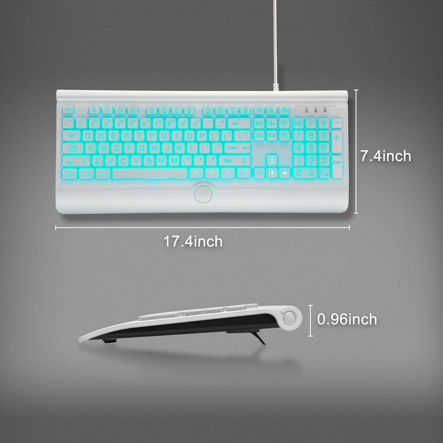 Large Print Backlit Computer Keyboard, USB Full Size Wired Keyboards with 7-Colors Backlight, Wrist Rest, Light Up Keyboard for Windows, PC, Laptop - Easy to See, Easy to Setup