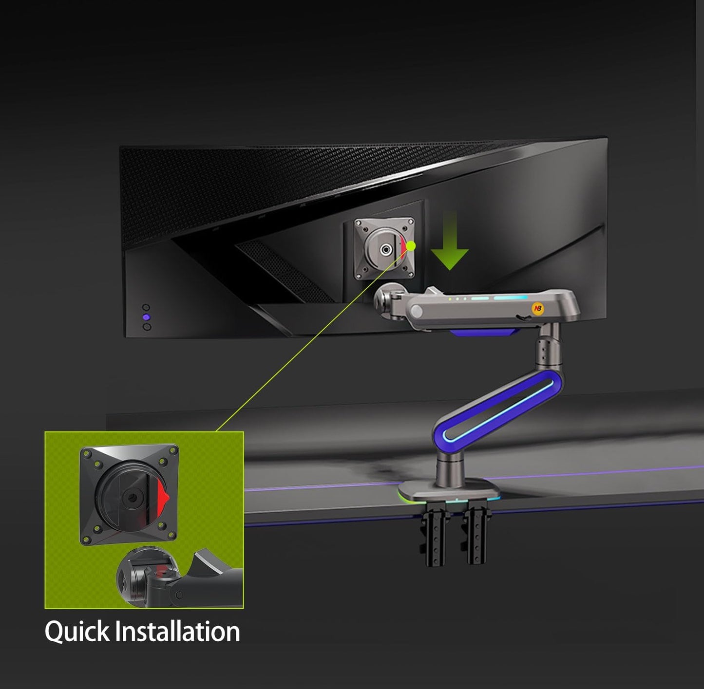 RGB Gaming Monitor-arm for Flat/Ultrawide/Curved Monitors 32 to 60 inch, Heavy Duty Stand Load up to 20 kg, VESA 75/100 mm Monitor-Mount G70-New