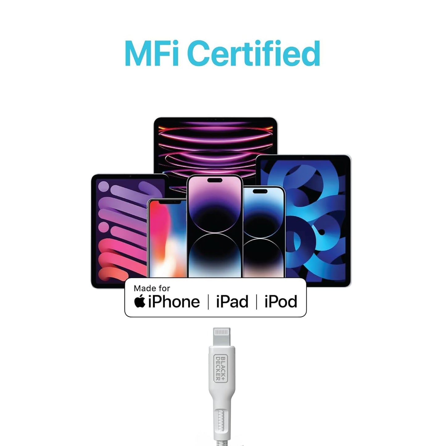 BLACK+DECKER USB C to Lightning Cable - Fast Compatible iPhone Lightning Cable - Durable Braided Type C iPhone Charger Cord - for Travel and Daily Use - Multiple Colors and Lengths - 3ft