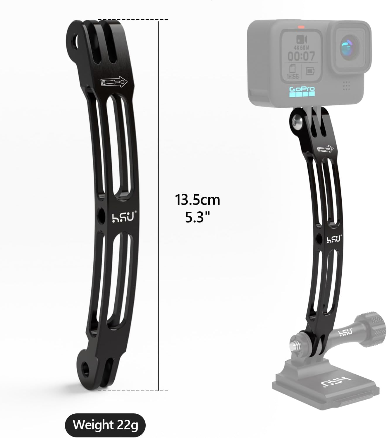 HSU Aluminum Alloy Curved Extension Arm (5.3”) Metal Pole Mount Helmet Stick Extension Arm Mount for GoPro Hero 13/12/11/10/9/8/7/6 Black, DJI Osmo Action 4/3 and More Action Cameras (Black)