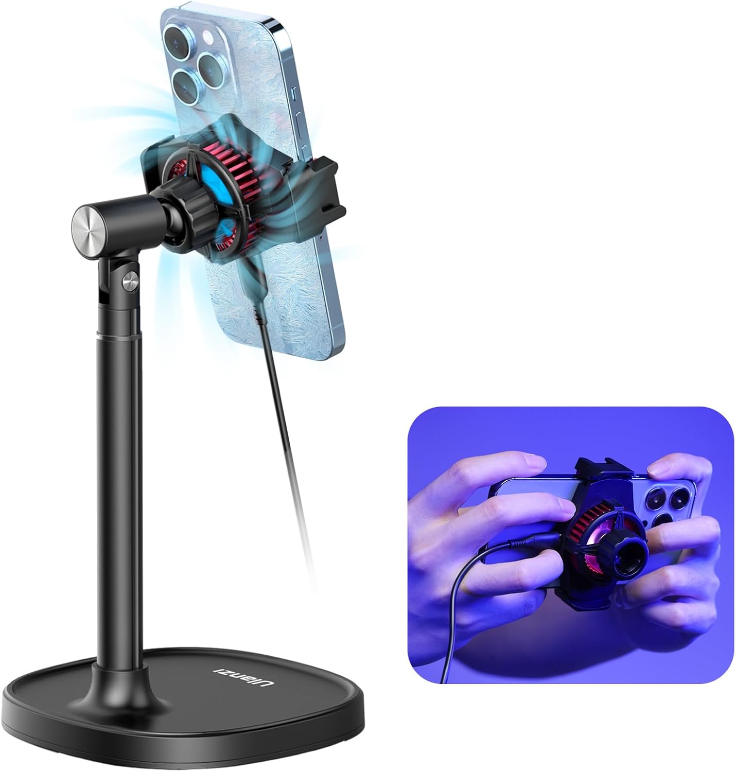 ULANZI SK-06 Cell Phone Stand with Phone Cooler, Desktop Phone Live Streaming Solution with Phone Cooling Fan, Height Adjustable Phone Cooler Stand Compatible with All Mobile Phones, iPhone & Android