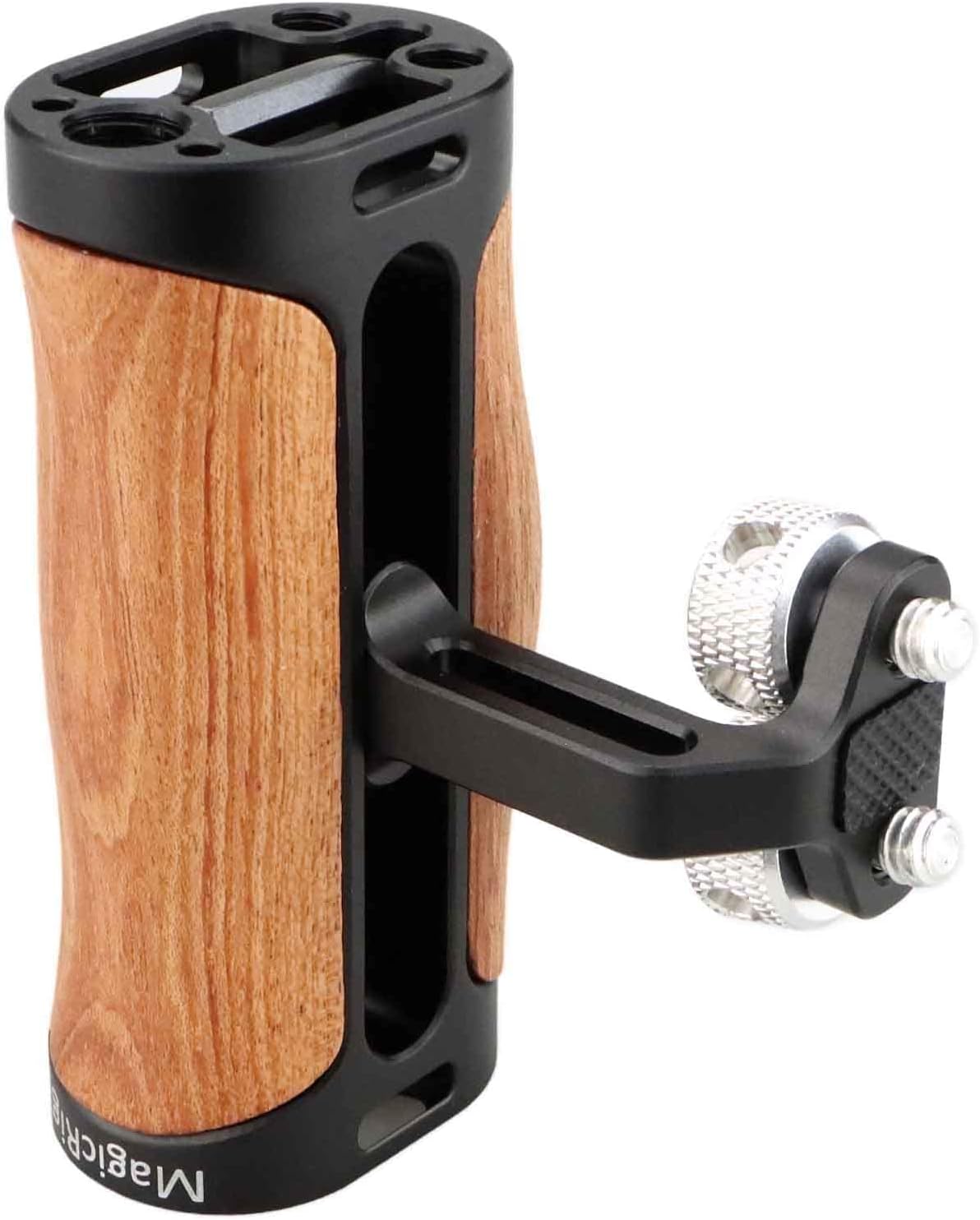 Side Handle Wooden Handgrip with Two 1/4"-20 Screws for DSLR Camera Vlog Camera Cage, Portable Mini Handle for Left/Right Hand with Cold Shoe 1/4" 3/8" ARRI Thread, Up and Down Adjustable
