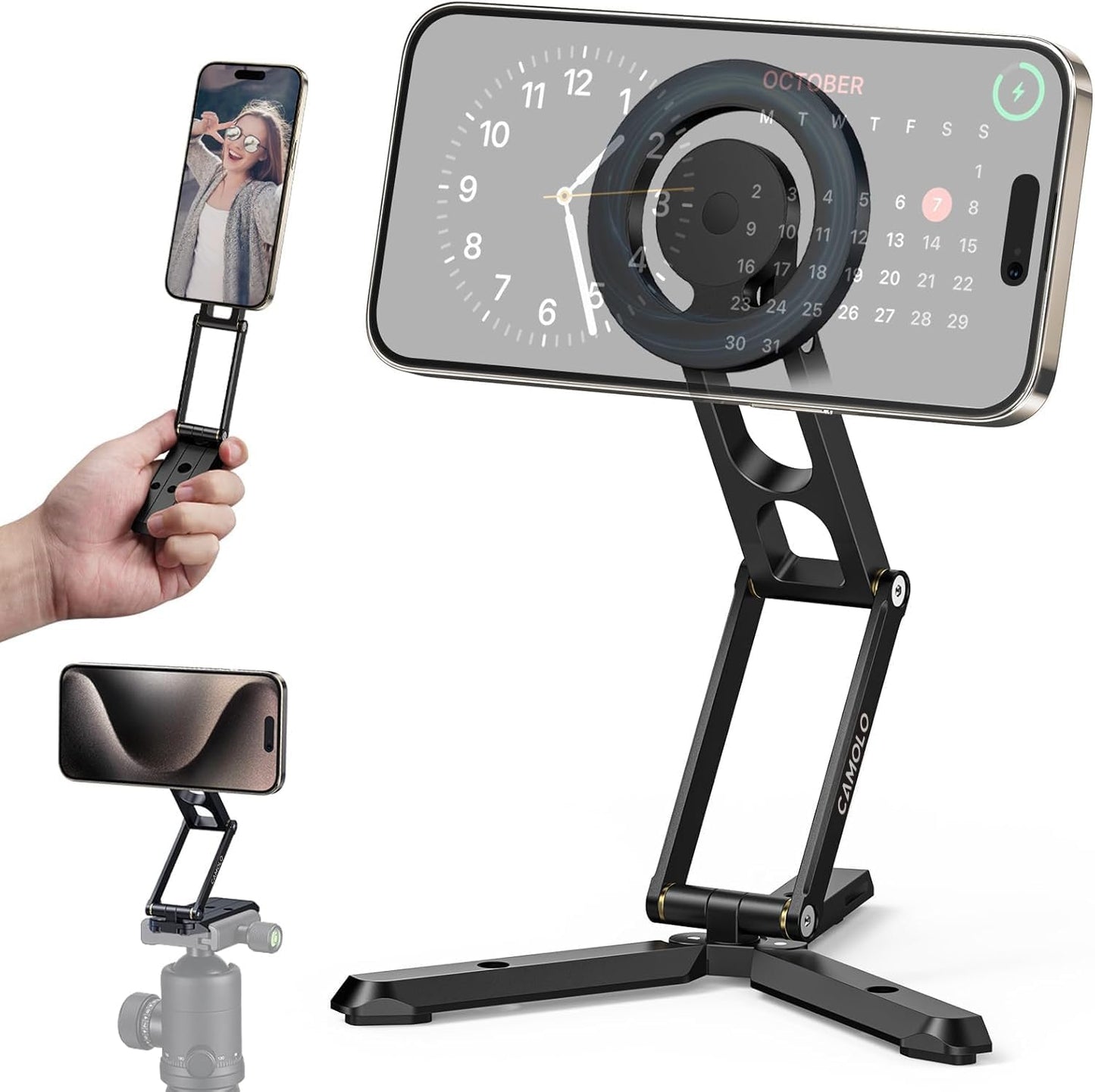 Magnetic Pocket Phone Tripod Foldable Compatible with Magsafe for iPhone 15/14/13/12 Plus Pro Max Series, Mini Cell Phone Tripod Mount Handle Smartphone Desk Stand Travel All in One