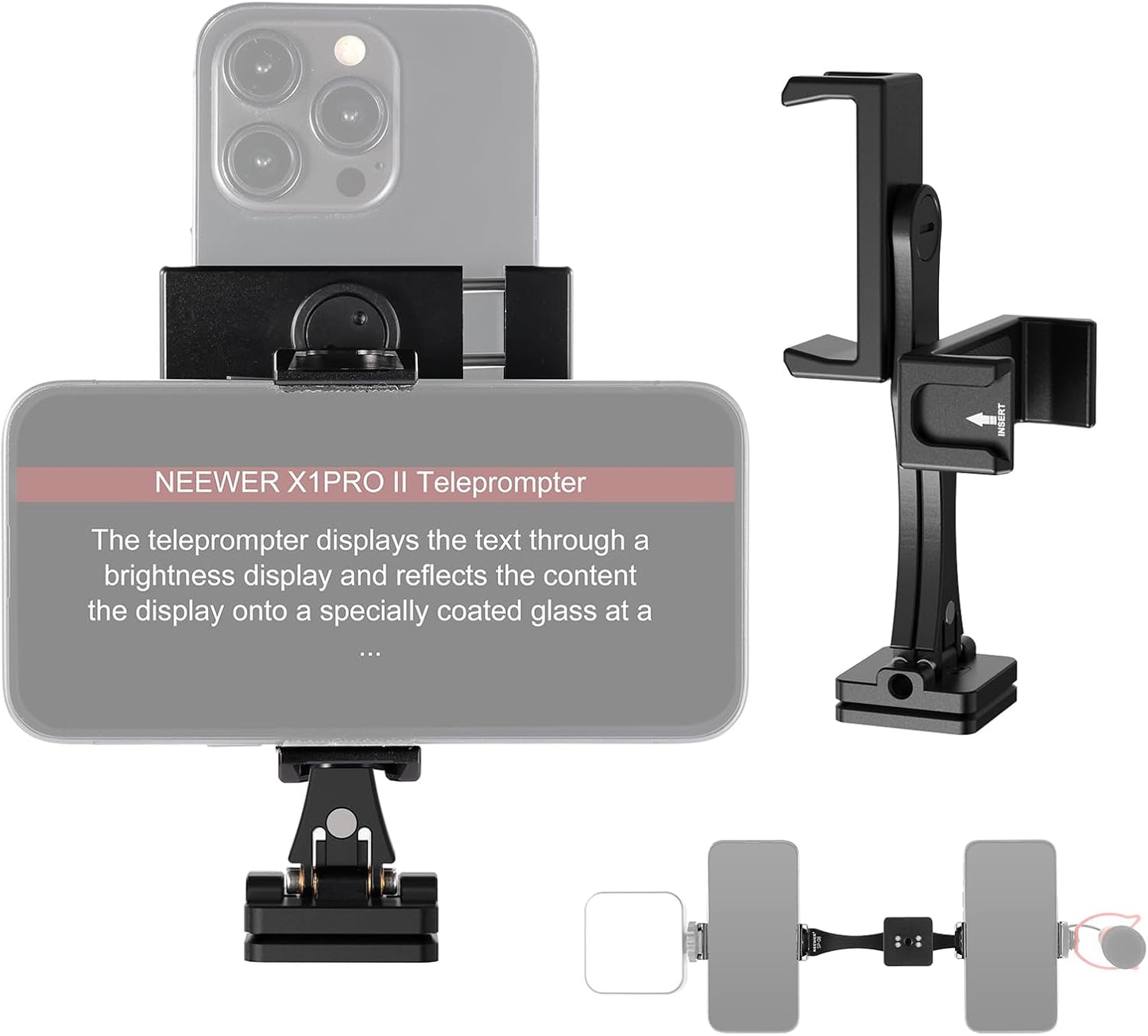 NEEWER Metal Phone Tripod Mount Adapter with Arca QR Base, 360° Rotatable Dual Cell Phone Clip Clamp Holder with 4 Cold Shoes Compatible with iPhone Samsung for Vlog Live Stream Video Recording, SP-08