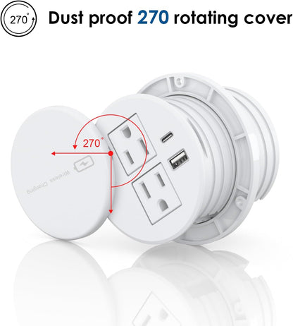 Recessed Power Grommet 3-inch Hole, 15W Wireless Charger, 20W USB C Fast Charging Station,2 AC Plug, Flush Mount Countertop Outlet, Workspace Essential Desk Hole Cover for Cables White