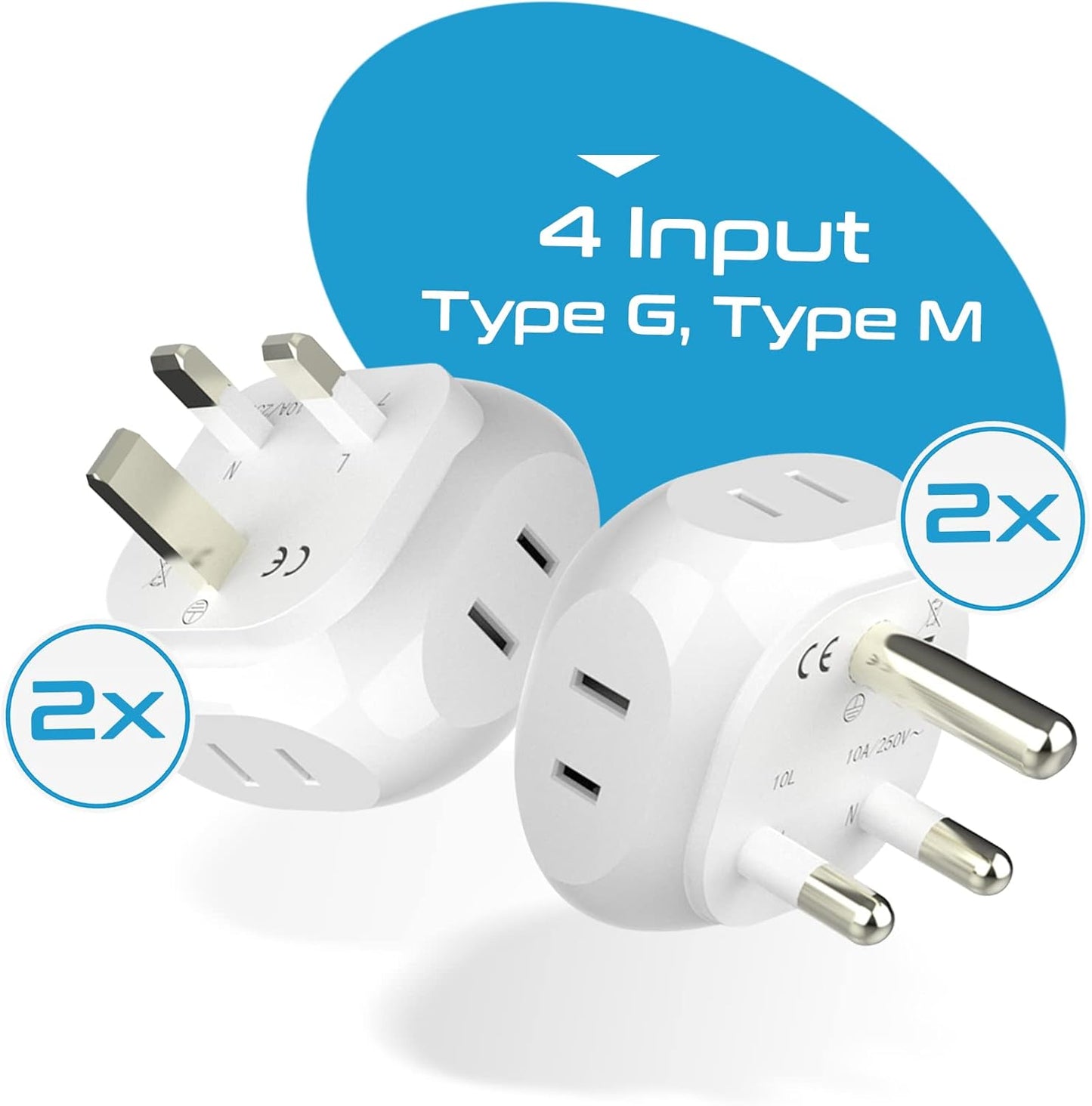 Ceptics South Africa Travel Plug Adapter Set - 4 Input - Ultra Compact - Light Weight - Type M and Type G - USA to Any Type M Countries Such as Botswana, Namibia - 4 Pack (PT-7-10L-4PK),White