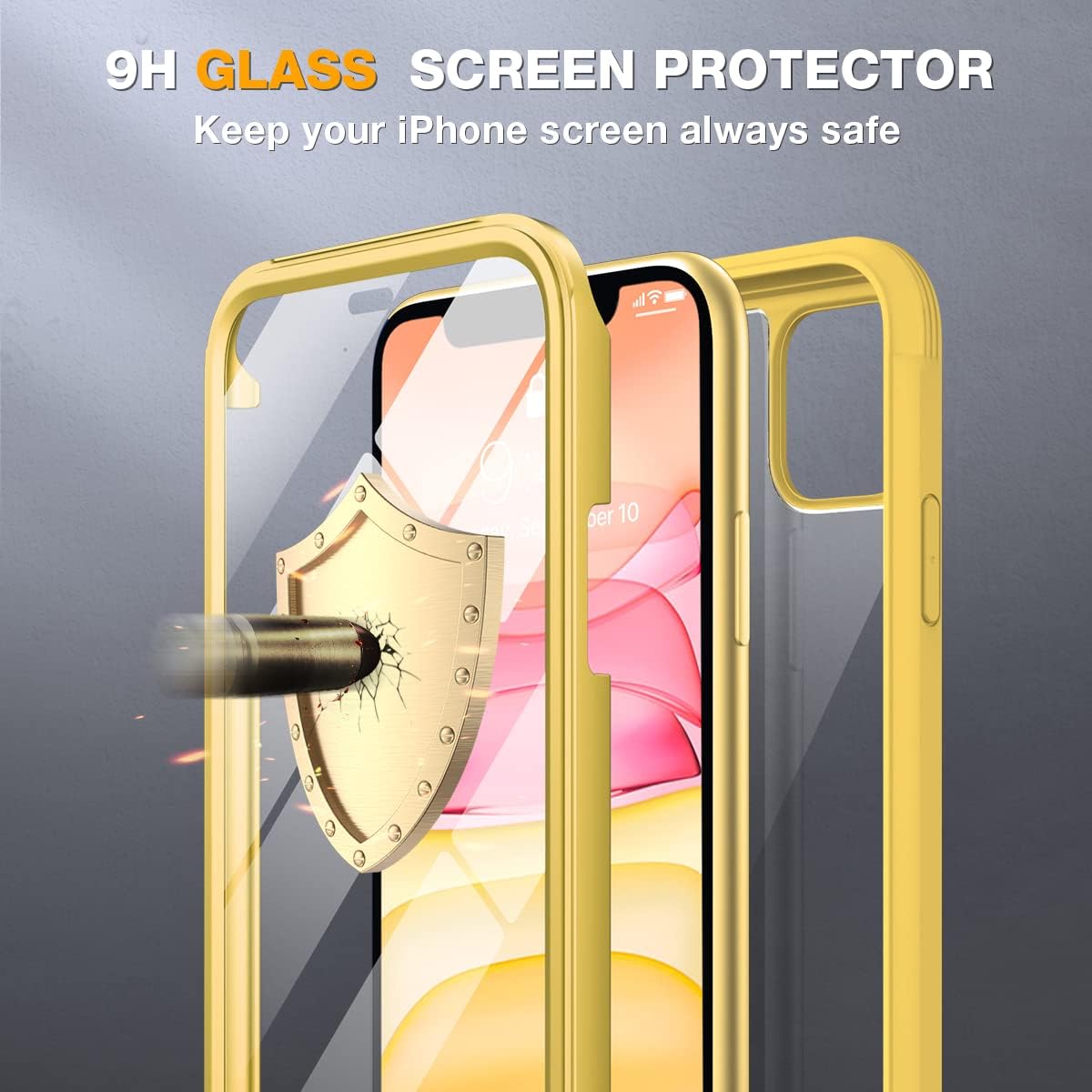 Miracase Glass Series for iPhone 11 Case 6.1 inch, Upgraded Full-Body Rugged Phone Bumper Case Cover with Built-in 9H Tempered Glass Screen Protector and Camera Protector, Yellow