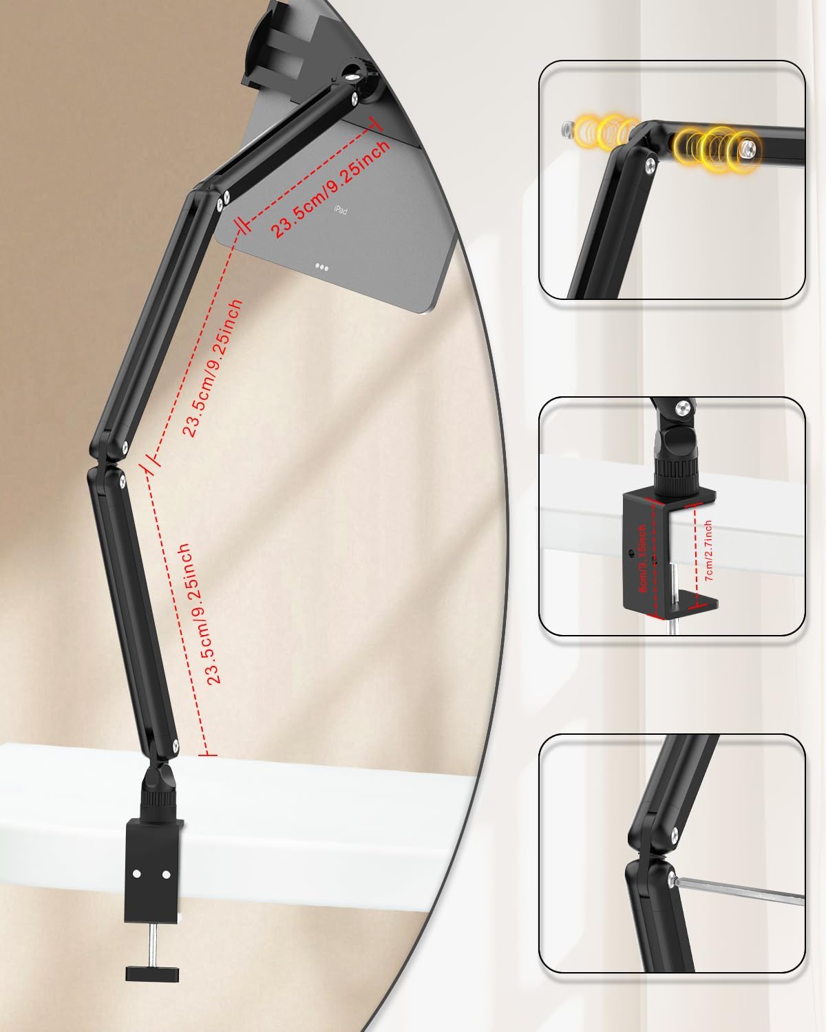 Tablet Stand for iPad, Aluminum Multi-Angle Adjustable Tablet Holder, Heavy-Duty Metal Base for Desk, Compatible with 5.7''-15.6'' iPad Pro, Surface, Kindle, Tablets, Portable Monitors and More