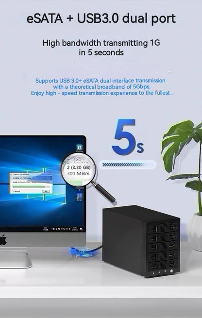 Syba 5 Bay Tool Less Tray Hot Swappable 2.5" 3.5" SATA III RAID HDD External USB 3.0 Enclosure Windows MacOS SY-ENC50118