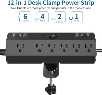 Desk Clamp Power Strip with 40W Fast Charging Station, JXGUCAT 10ft Flat Plug Power Strip Surge Protector, 2 USB-C Ports, 6 AC Outlets, Fit 2.48" Tabletop Edge, Home Office Desk Accessories Essentials