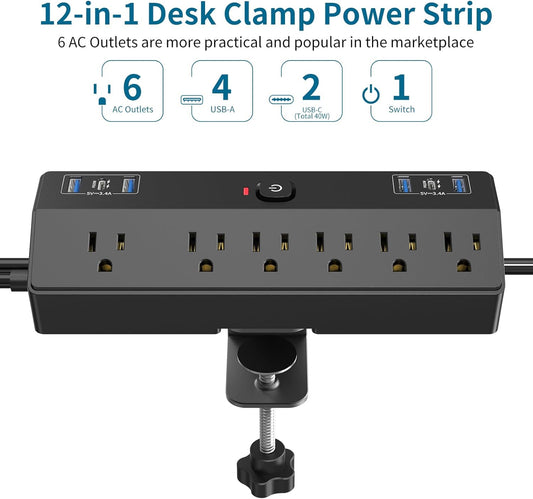 Desk Clamp Power Strip with 40W Fast Charging Station, JXGUCAT 10ft Flat Plug Power Strip Surge Protector, 2 USB-C Ports, 6 AC Outlets, Fit 2.48" Tabletop Edge, Home Office Desk Accessories Essentials
