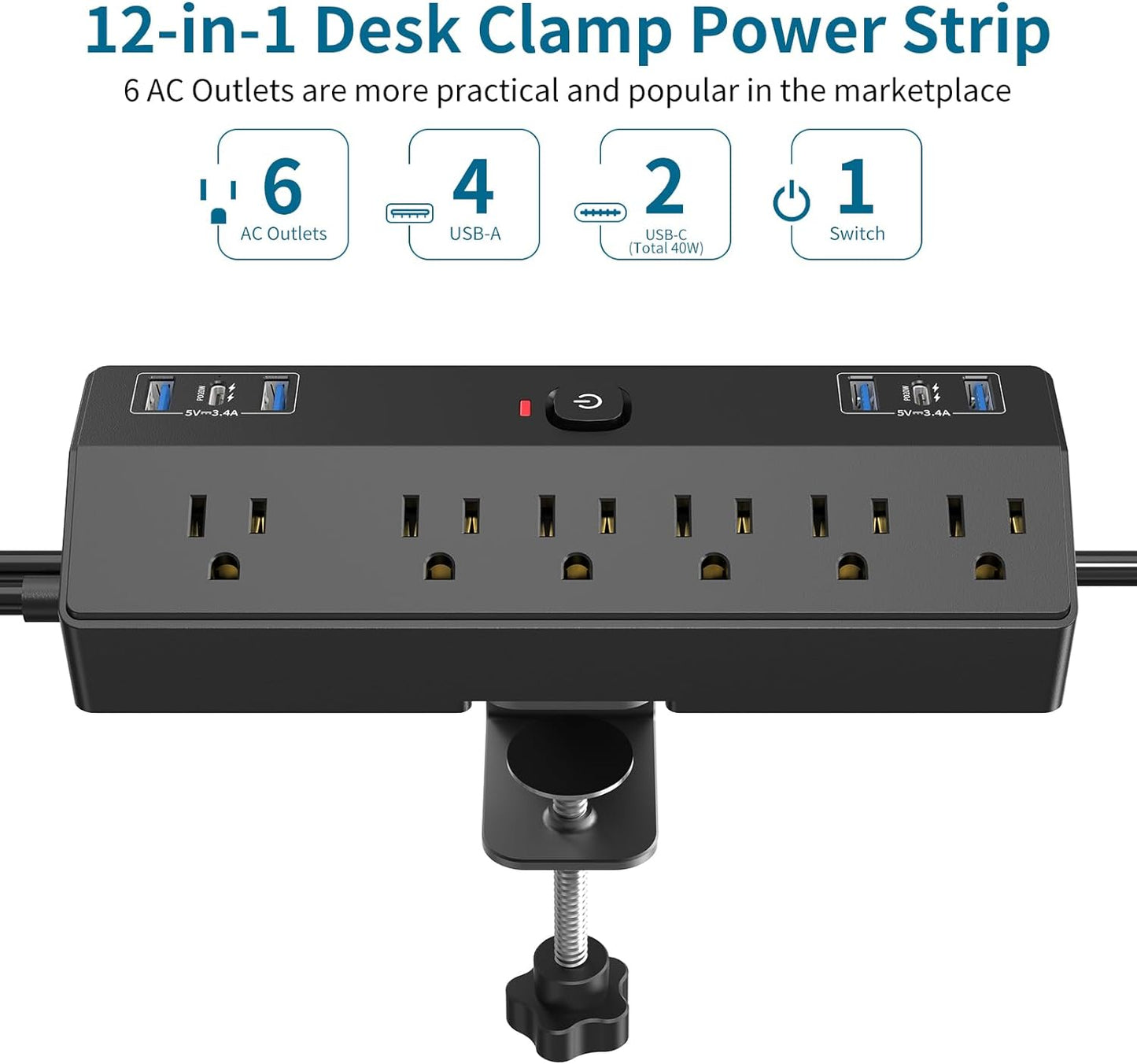 Desk Clamp Power Strip 2 USB C Desktop Mount Outlet Charging Station, 10FT Extension Cord Flat Plug with 6 AC, Removable 40W Fast Charging Surge Protector Power Strip Fits 1.8" Office Tabletop Edge