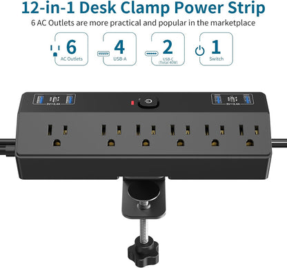 Desk Clamp Power Strip 2 USB C Desktop Mount Outlet Charging Station, 10FT Extension Cord Flat Plug with 6 AC, Removable 40W Fast Charging Surge Protector Power Strip Fits 1.8" Office Tabletop Edge